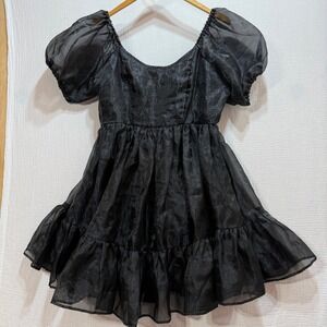 Thorn & Fable Babydoll Dress Womens L Black Puff Sleeve Tiered Organza Gothic